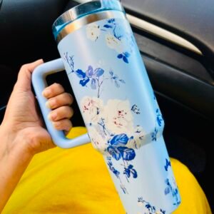 Insulated Travel Mug With Handle, 1 Straw, Floral Pattern, Stainless Steel, Lidded Tumbler (Blue)