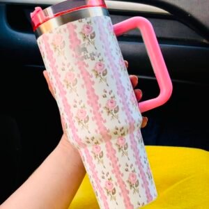 Insulated Travel Mug With Handle, 1 Straw, Floral Pattern, Stainless Steel, Lidded Tumbler (White & Pink)