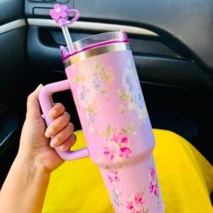Insulated Travel Mug with Handle, 1 Straw, Floral Pattern, Stainless Steel, Lidded Tumbler (Pink)